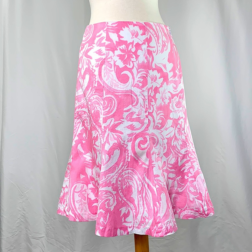 Chaps Women's Cotton Floral Paisley Fit & Flare Midi Skirt Pink White Size LP